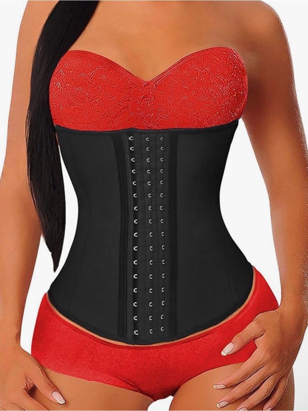 Black Waist Trainer Corset - Red Lingerie Set